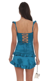 Satin Ruffle Corset Dress in Cobalt